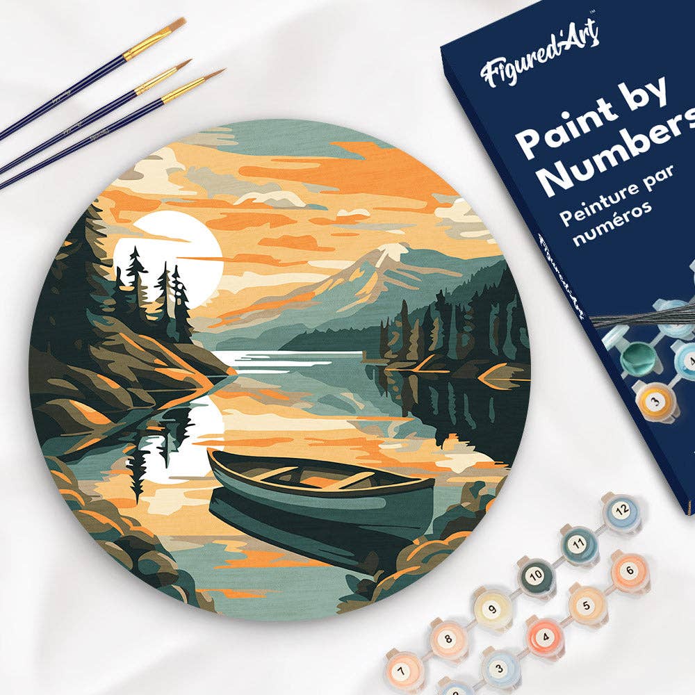 Paint by numbers on Wood Slice - Mountain Lake with Canoe