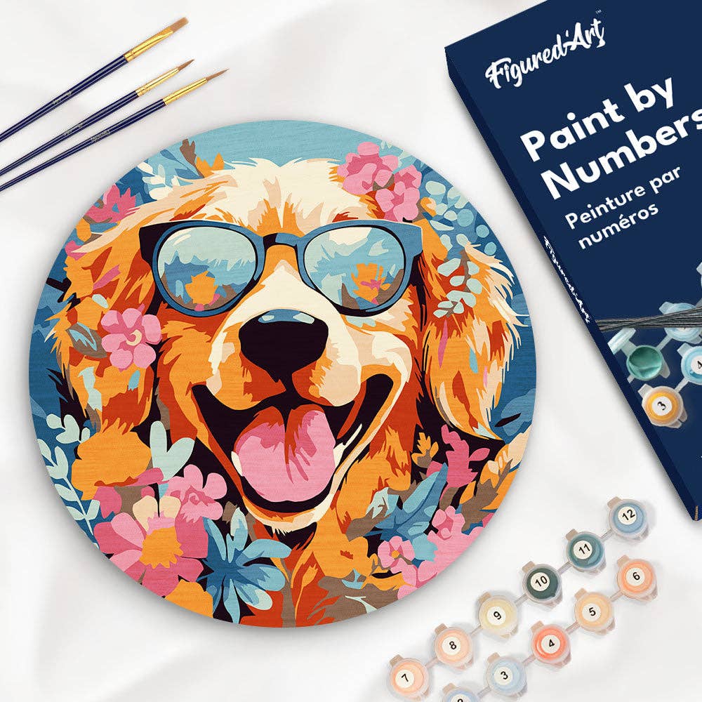 Paint by numbers on Wood Slice - Fantasy Dog and Flowers