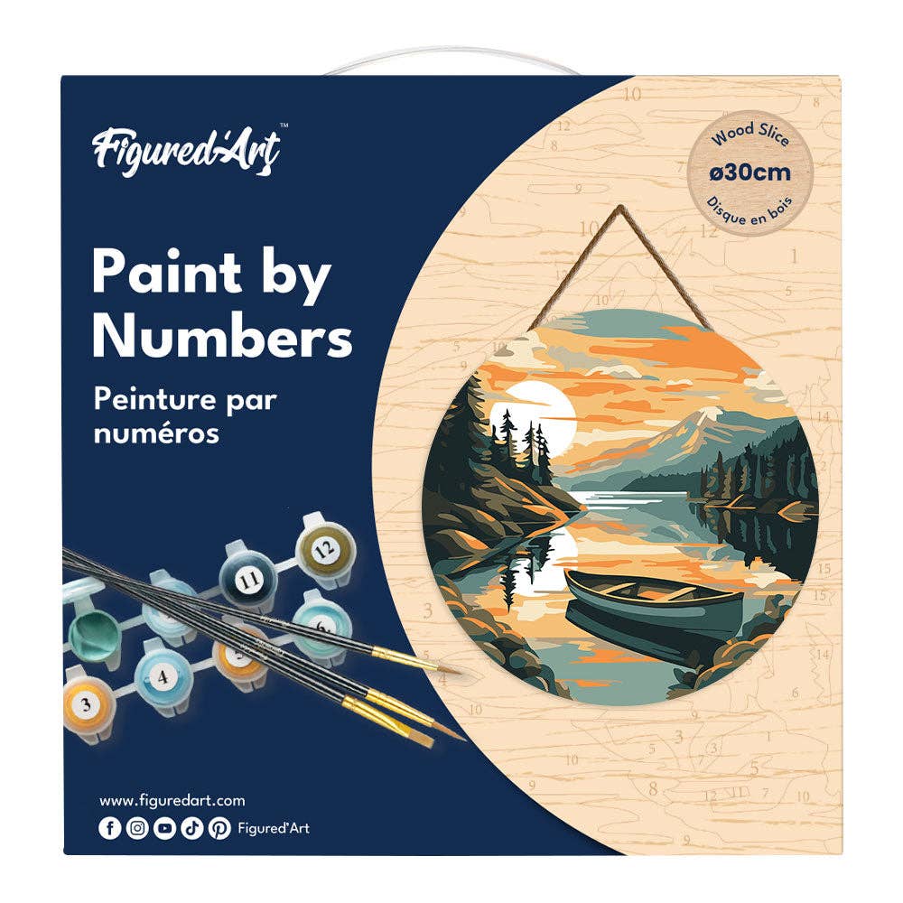 Paint by numbers on Wood Slice - Mountain Lake with Canoe