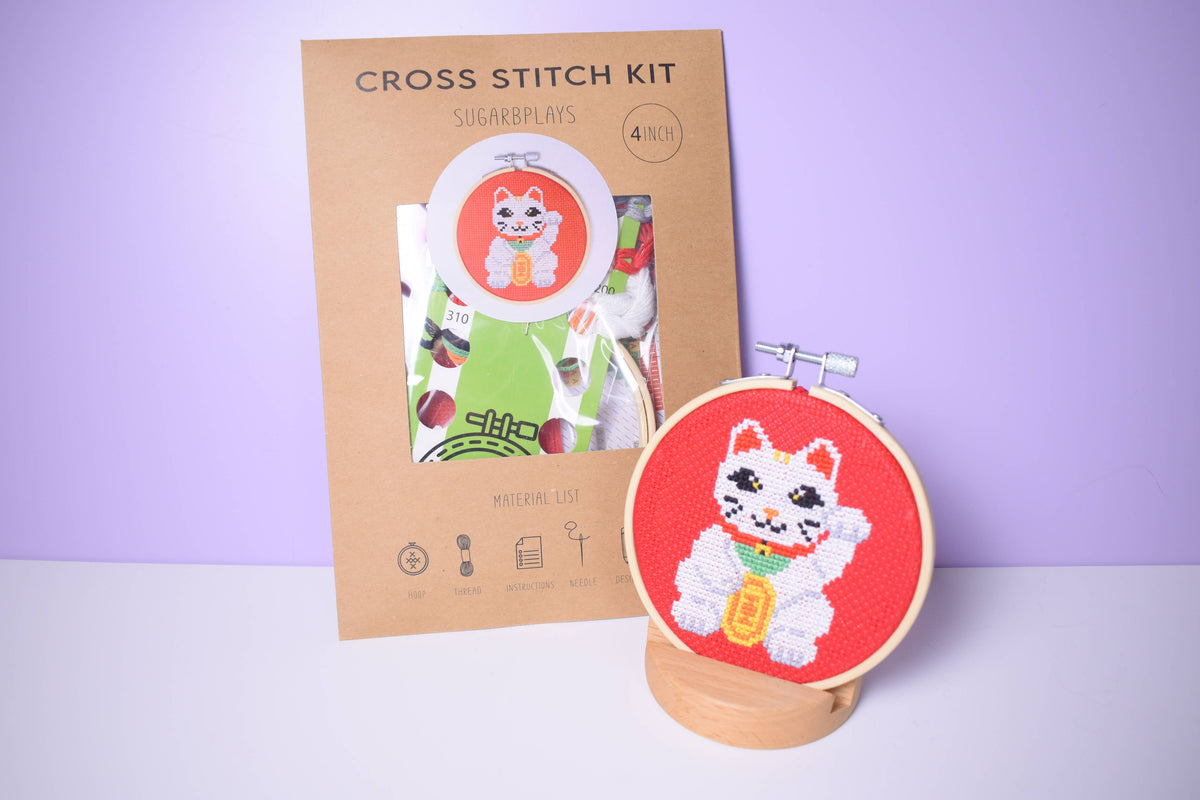 Maneki-neko Lucky Cat DIY Cross Stitch Kit