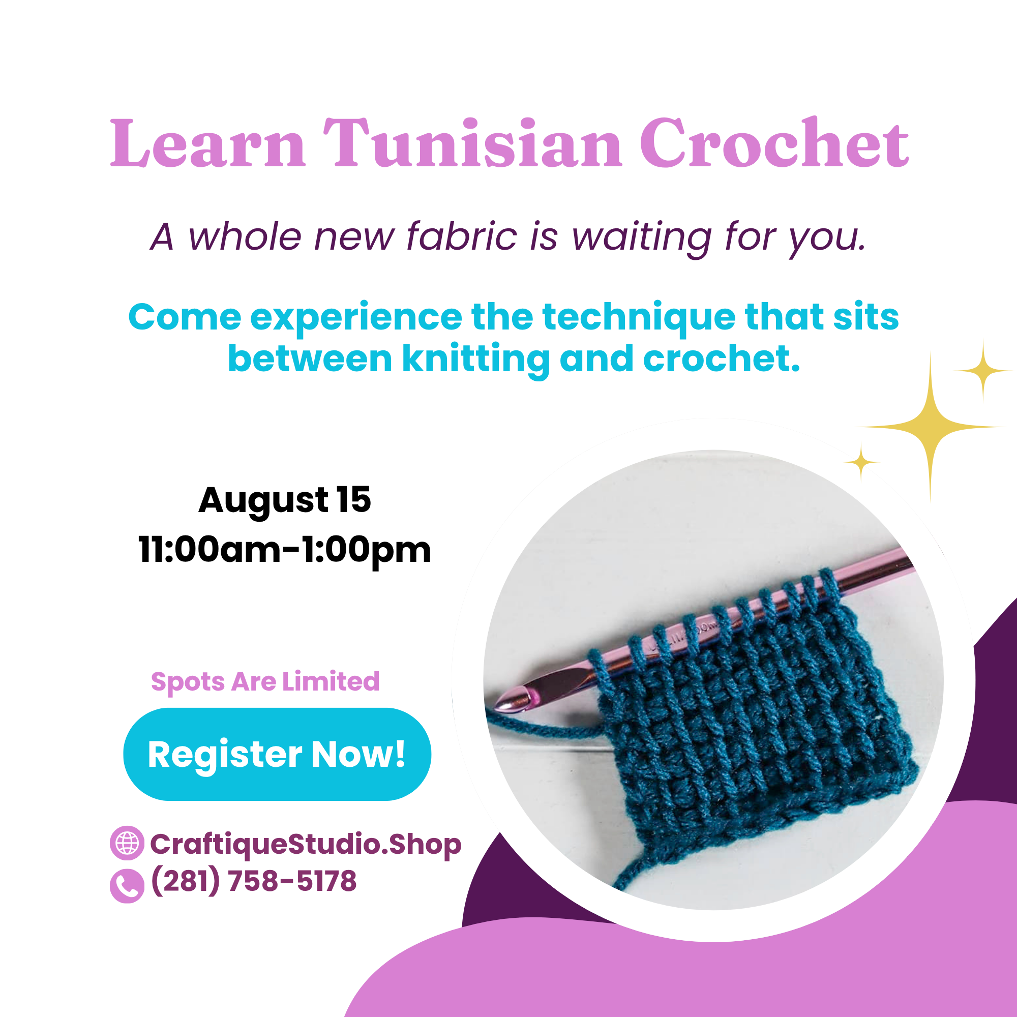 Learn Tunisian Crochet | August 15, 11:00 a.m.- 1:00 p.m. Level Easy